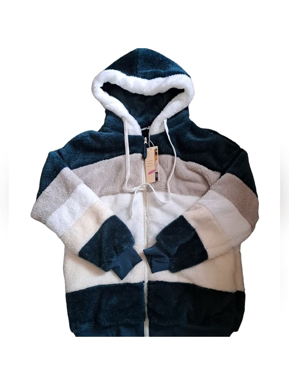DOKOTOO dreamy plush colorblock hooded ZIP sweater jacket teal grey white  M